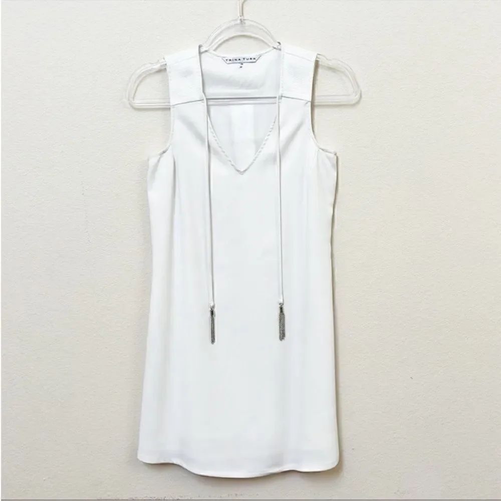 Trina Turk White V Neck Metal Tassel Shift Dress